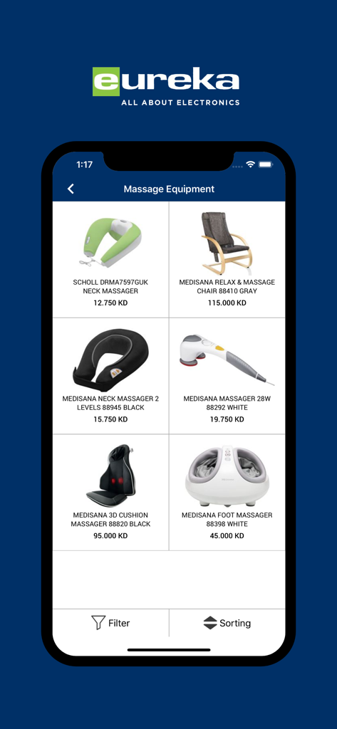 Pantalla de la aplicación móvil Eureka Electronics que muestra una variedad de productos de equipos de masaje, incluidos masajeadores de cuello, silla, cojín y pies.