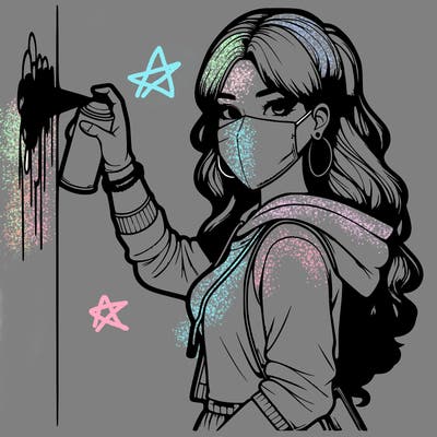 realistic girl with mask spray painting a wall