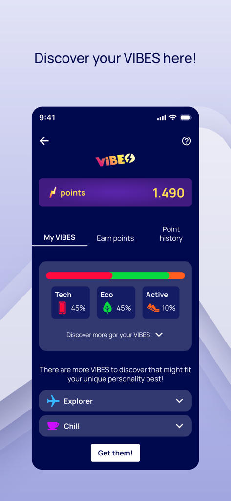 myΗΡΩΝ - Mobile screen showing the VIBES loyalty program in the myHERON app with points and user personality breakdown for tech and eco categories
