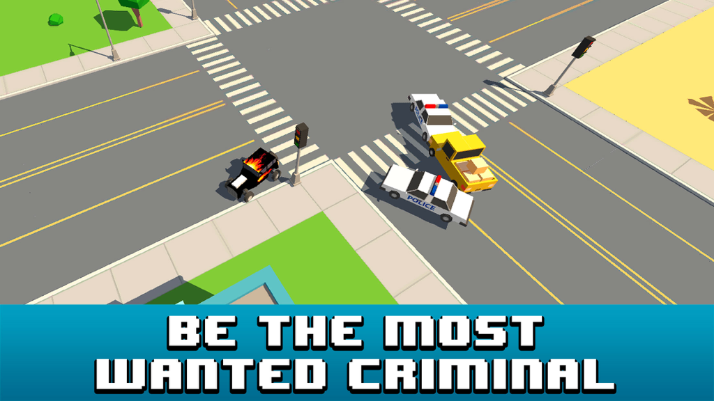 Smashy Car Race 3D: Pixel Cop Chase - A voxel style police car chase at a city intersection in the Smashy Car Race 3D game