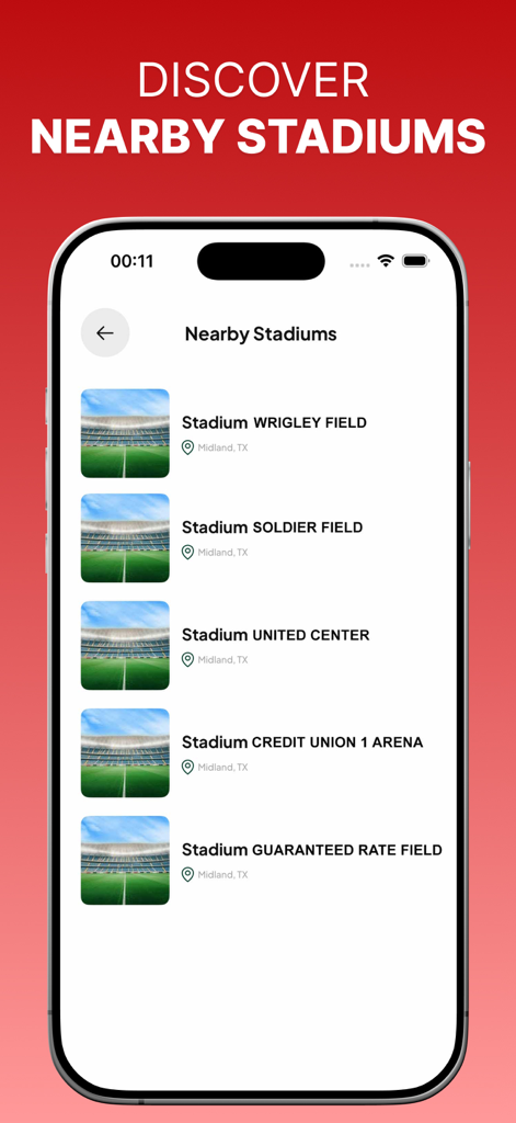 Yacine Live Score TV Player - Screenshot des Yacine Live Score TV Players, der die Funktion "Nahegelegene Stadien" mit einer Liste lokaler Sport venues anzeigt.