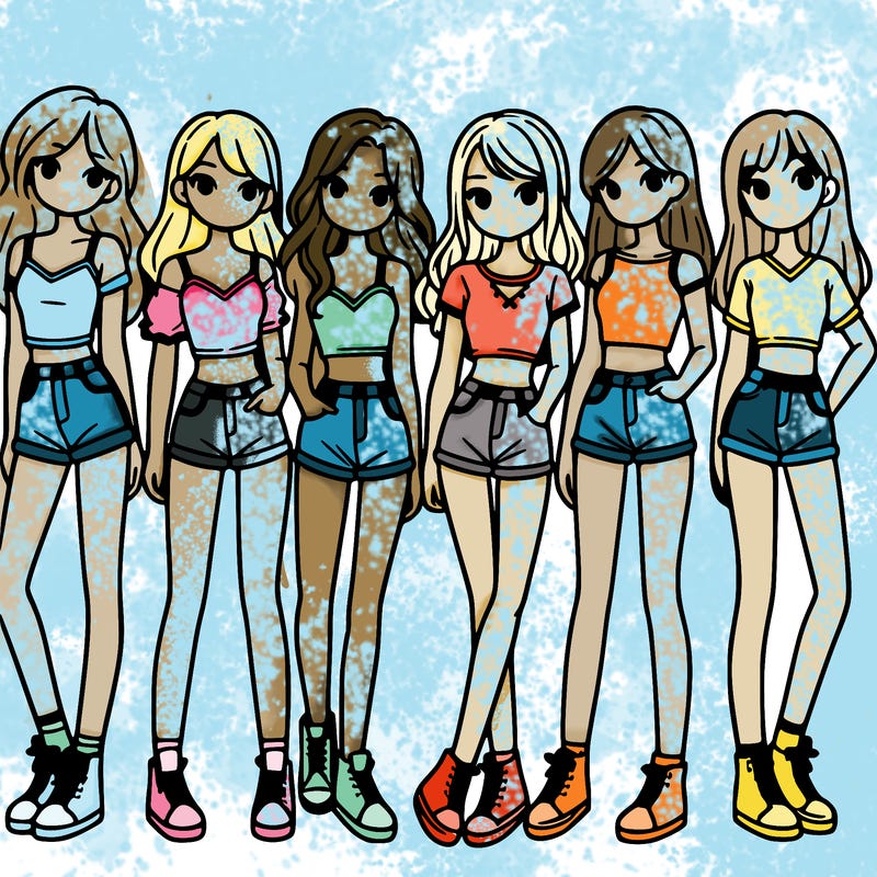 a group of girls wearing crop tops and shorts
