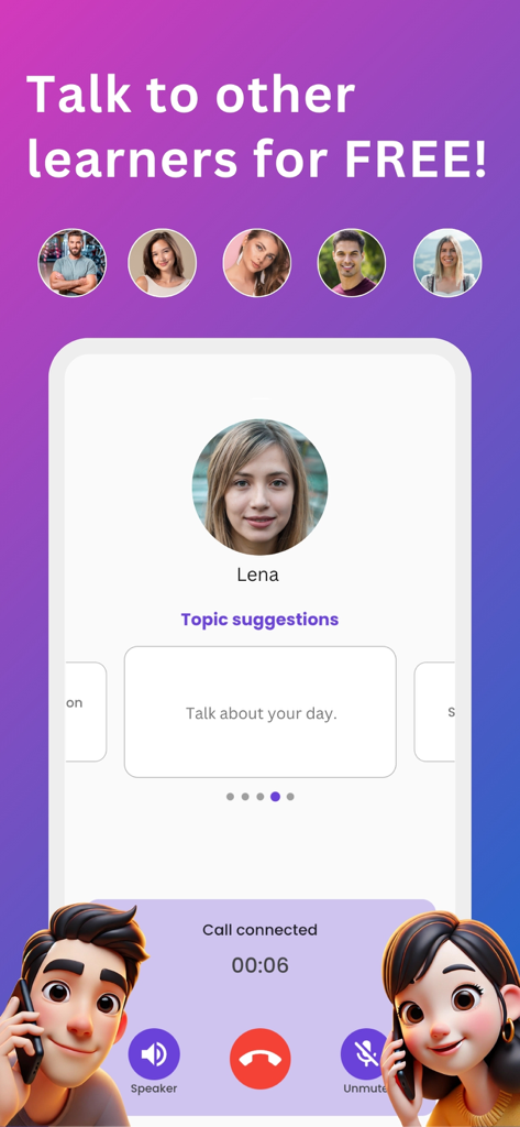 Lingopanda: Language Learning - Lingopandaアプリの画面。言語練習のために、別の学生とのライブ音声通話が表示されています