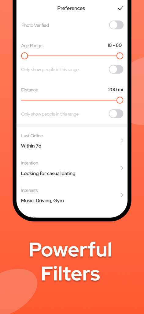 Wild: Adult Casual Dating App - Search preferences screen in the Wild dating app showing filters for age distance and casual dating intent