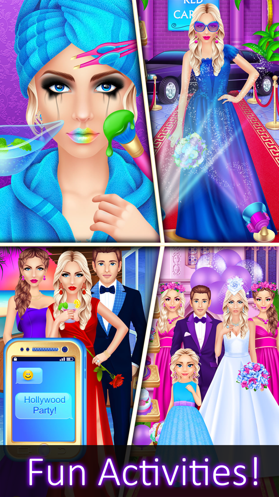 Top Model Makeover - Dressup, Makeup & Kids Games - A collage of gameplay scenes showing makeup application, red carpet fashion, and wedding dress-up activities.