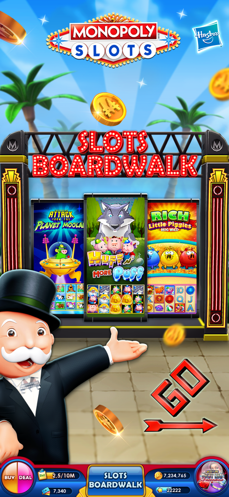 Mr. Monopoly presenting various slot machine games at the Slots Boardwalk.