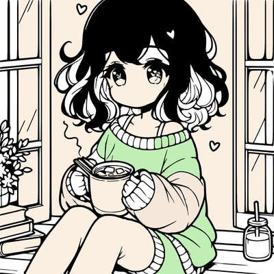 cute anime girl reading book and drinking hot chocolate from mug with loose wavy hair wearing a baggy sweatshirt and shorts sitting by windowsill looking out