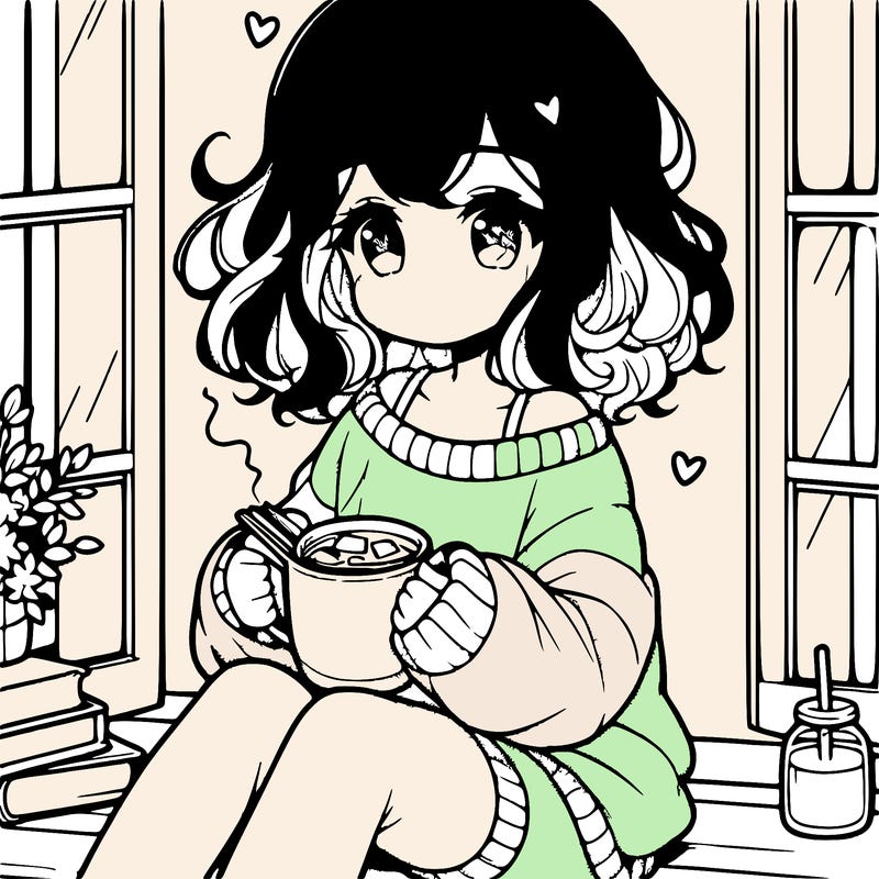 cute anime girl reading book and drinking hot chocolate from mug with loose wavy hair wearing a baggy sweatshirt and shorts sitting by windowsill looking out