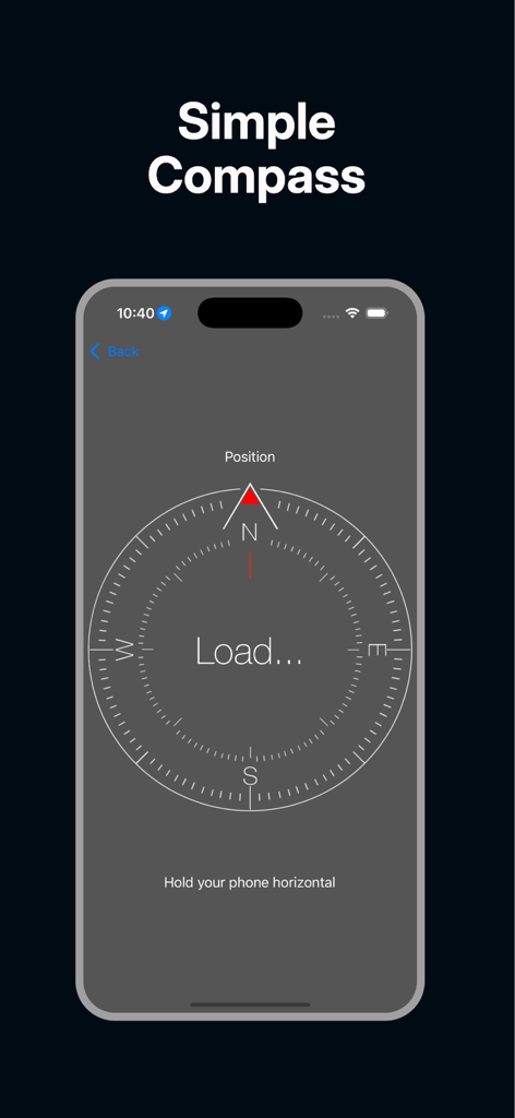 Compass-Easy Direction Find - Una interfaz de brújula minimalista en un teléfono inteligente que presenta un dial de dirección grande y fácil de leer con una flecha roja hacia el norte.