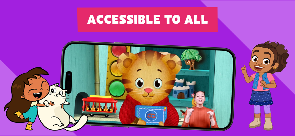 PBS KIDS Video - A smartphone showing Daniel Tiger with a sign language interpreter and the text Accessible to All