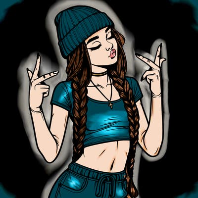 realistic teenage girl with braids and a beanie and crop top doing 🫶🏼