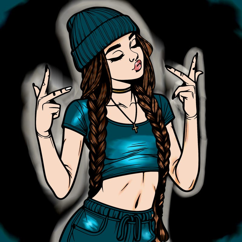 realistic teenage girl with braids and a beanie and crop top doing 🫶🏼