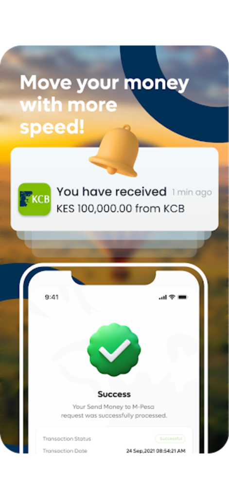 KCB Mobile TZ - KCB Mobile TZ app interface showing a transaction success message for an M-Pesa transfer and a received money notification.