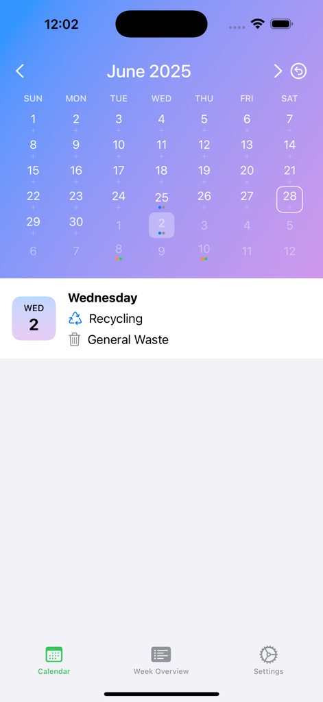 Garbage Pickup Calendar - Monthly calendar view of the Garbage Pickup Calendar app showing scheduled recycling and general waste collection for a selected Wednesday.