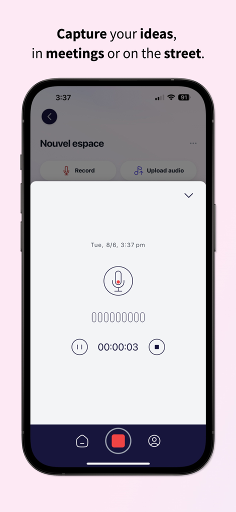 Dicte: AI Meeting Assistant - Interface d'enregistrement de l'assistant IA pour réunions Dicte sur l'écran d'un smartphone