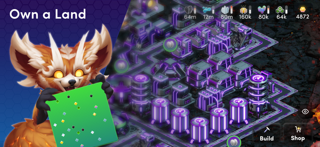 Uma criatura segurando um terreno sobre uma cidade industrial futurista em Illuvium Zero