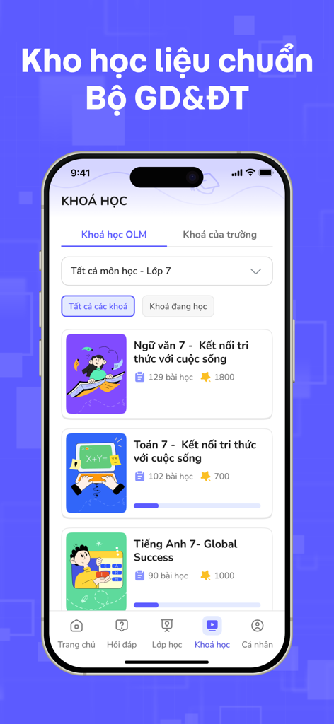 OLM - L'interface de l'application OLM montrant les cours du programme de 7e année pour la littérature, les mathématiques et l'anglais