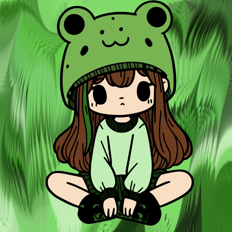 a girl wearing a frog hat and some frog socks