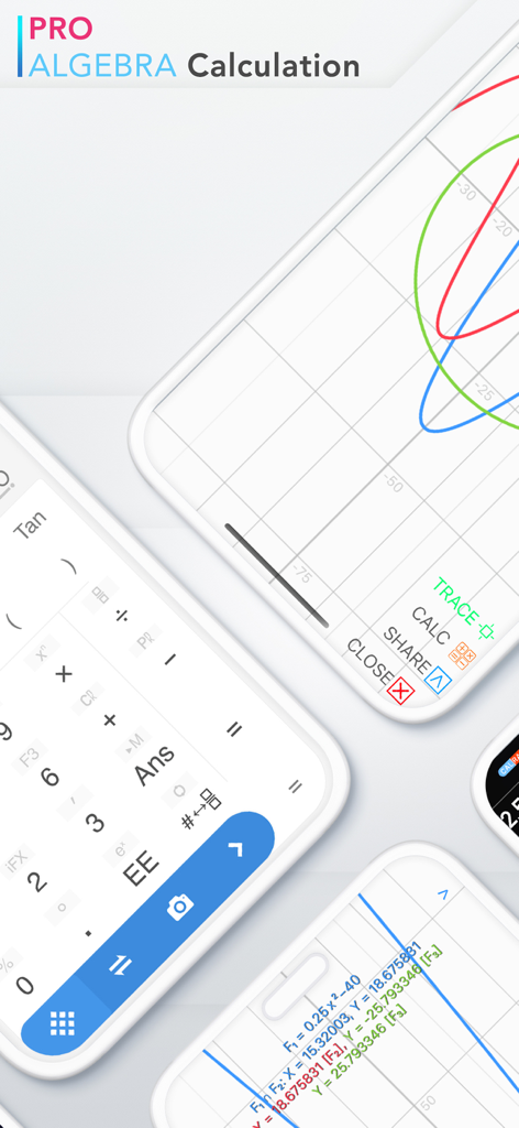 Calculator ∞ - Interfaz de la aplicación Calculadora Infinity que muestra gráficos de álgebra profesional y funciones de cálculo científico en múltiples pantallas