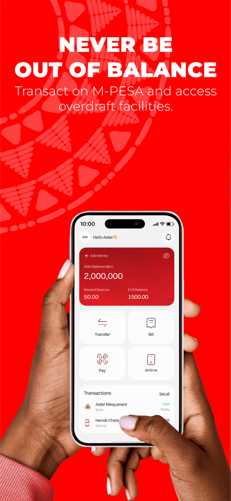 M-PESA Lehulum - Pantalla de smartphone mostrando el saldo y las funciones de sobregiro de M-PESA Lehulum
