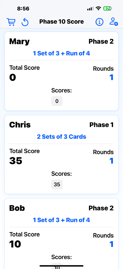 Phase 10 Score - Scoreboard interface of Phase 10 Score app for tracking player points