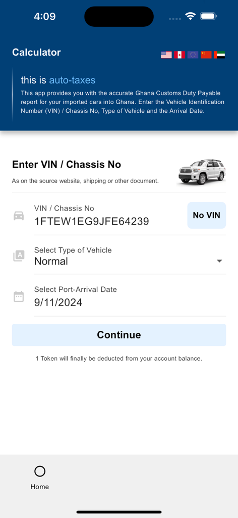 Autotaxes のモバイルアプリインターフェース。車両のVIN入力フィールドと、ガーナの関税を計算するための到着日選択が表示されています。