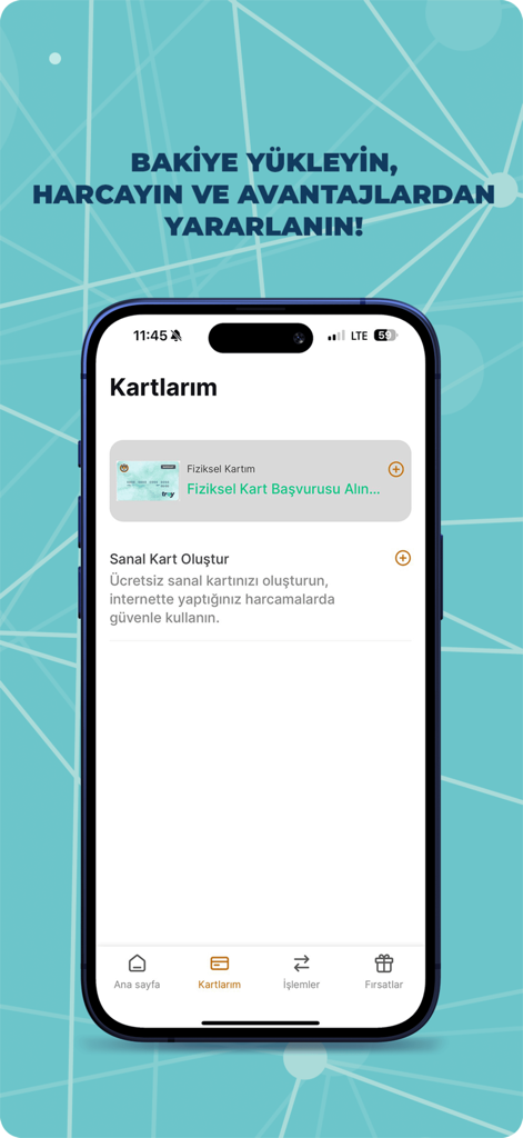 e-barobirlik - The cards management screen of the e-barobirlik app showing options for physical and virtual prepaid cards for legal professionals.