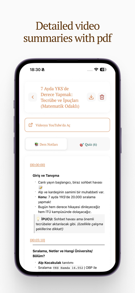 Smartphone screen showing a detailed video summary with bullet points and study note options in the Ozard app.