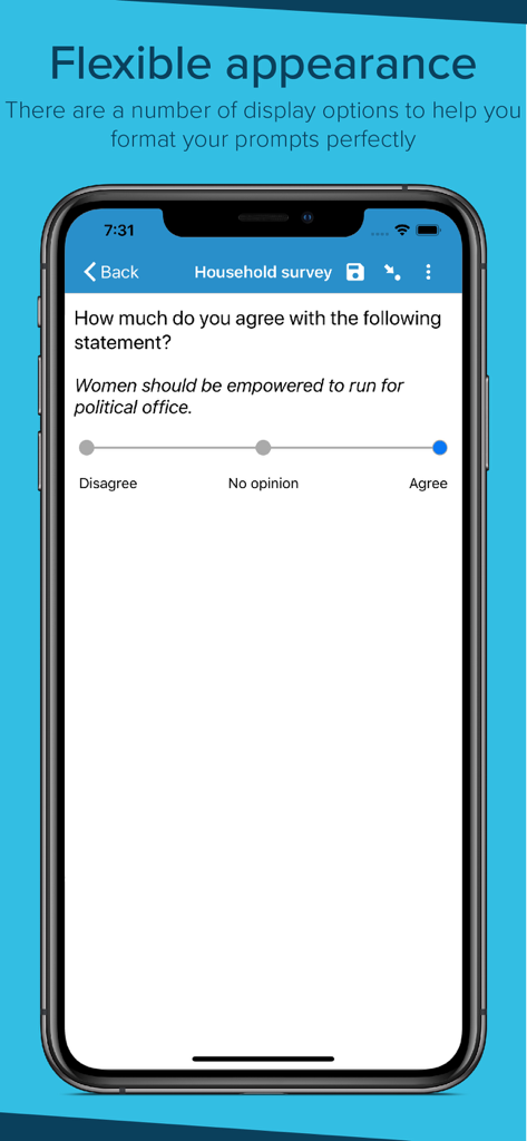 SurveyCTO Collect - Smartphone displaying a SurveyCTO Collect household survey question with a slider scale for responses.