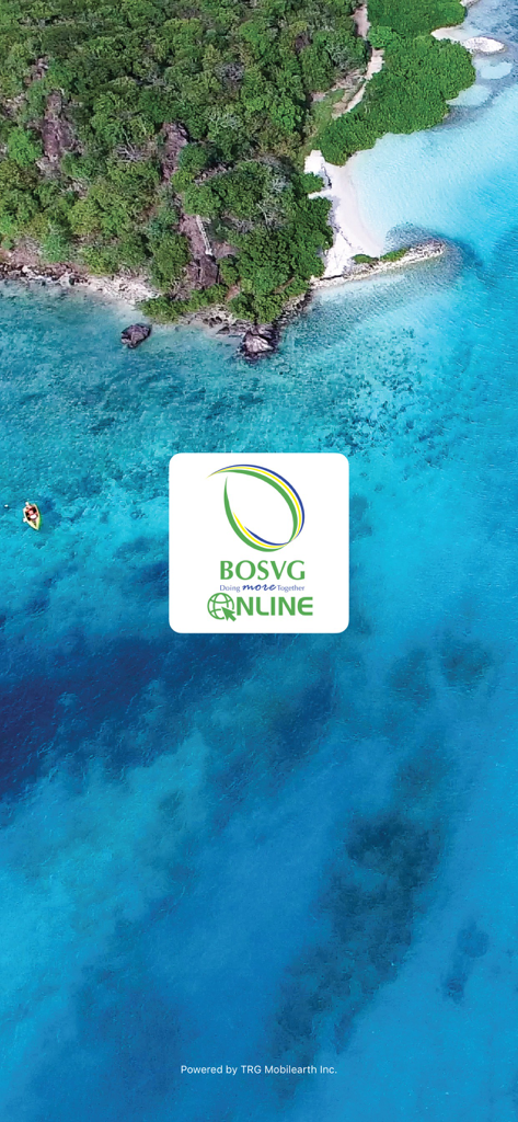 BOSVG iBANK Online mobile banking app splash screen with a tropical beach background