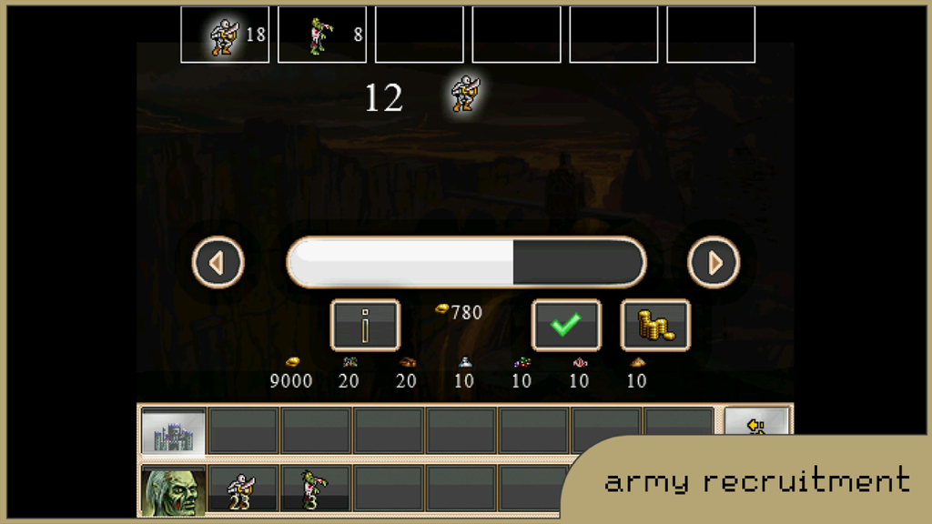 PK2: Remastered - Tela de recrutamento de exército em PK2 Remastered mostrando seleção de unidades e recursos