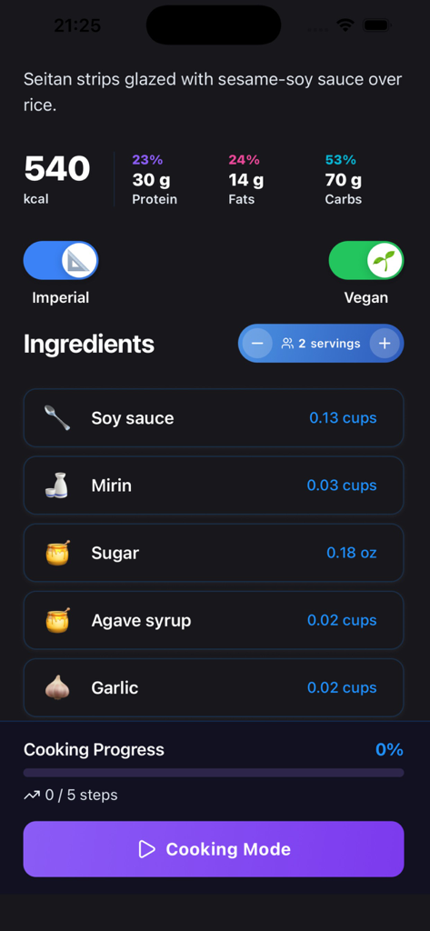 Japanese Food Anime: Cookbook - Mobile app screen showing the ingredients and nutritional information for a vegan seitan strips recipe