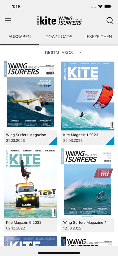 Interfaccia dell'app mobile che mostra diverse edizioni digitali delle riviste Kite e Wing Surfers con copertine di sport d'azione