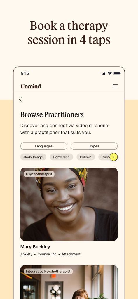 Browse practitioners screen in the Unmind app showing a psychotherapist profile and booking filters