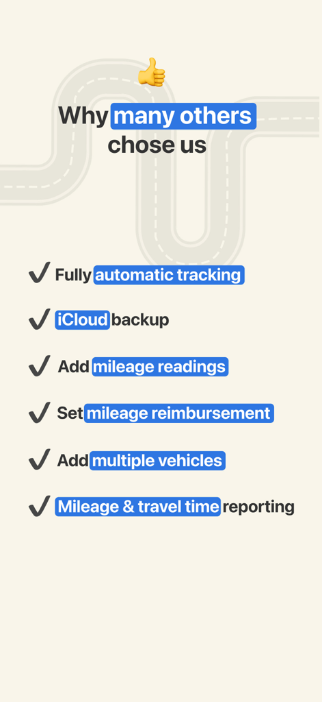 Key features of the Tripbook app including automatic mileage tracking and iCloud backup
