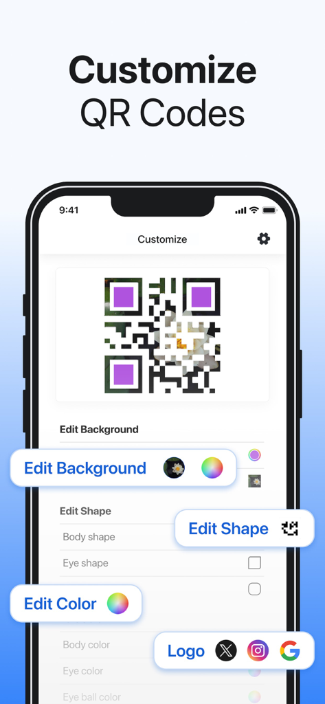 Interfaz para diseñar códigos QR personalizados con logotipos y colores