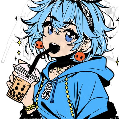 hot baddie anime girl drinking boba and biting the straw