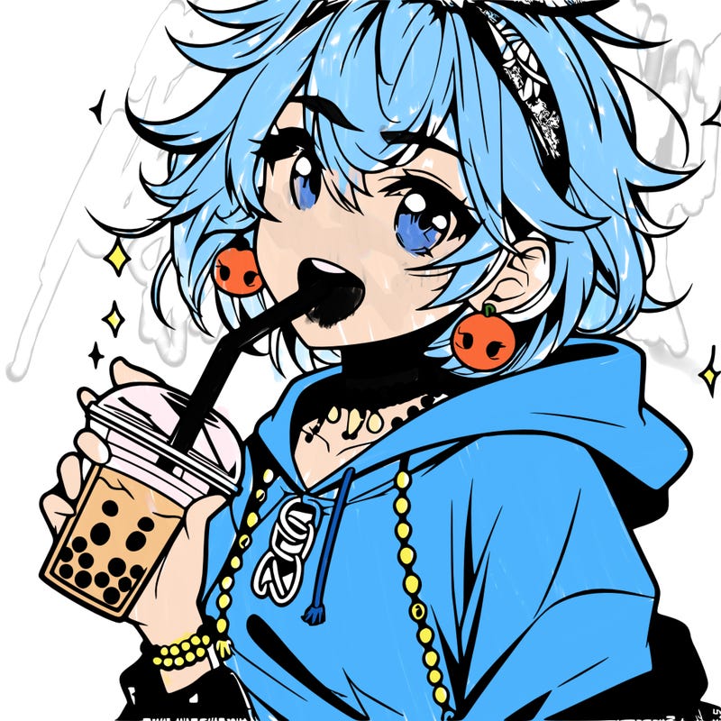 hot baddie anime girl drinking boba and biting the straw