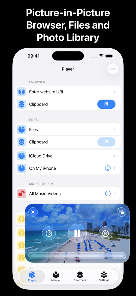 X.app - X.app mobile player interface with Picture-in-Picture video overlay and file selection options.