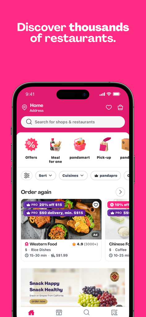 foodpanda mobile app home screen showing food and grocery delivery options