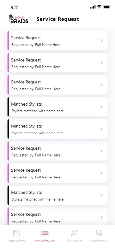 Labelle Braids - ヘアブレイディングサービスの依頼リストとマッチしたスタイリストを表示するモバイルアプリインターフェース