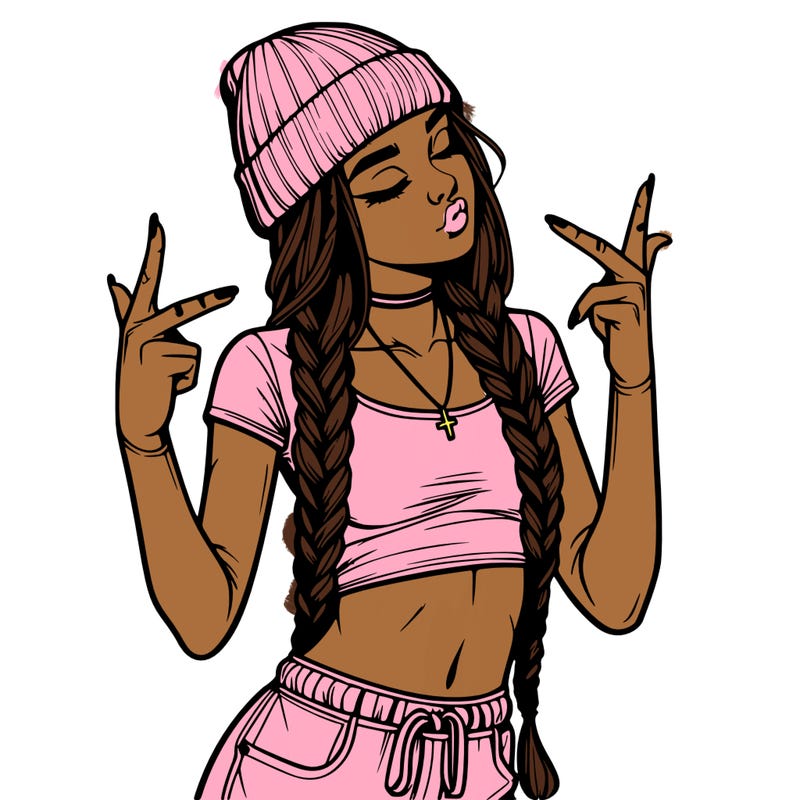 realistic teenage girl with braids and a beanie and crop top doing 🫶🏼