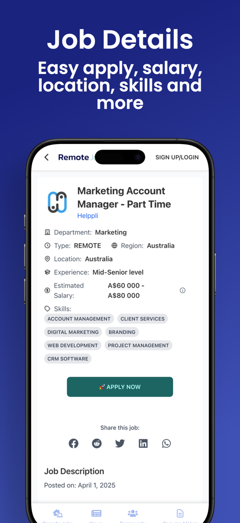 Remote Jobs Hub - Mobile screen displaying remote job details for a Marketing Account Manager including salary and skills