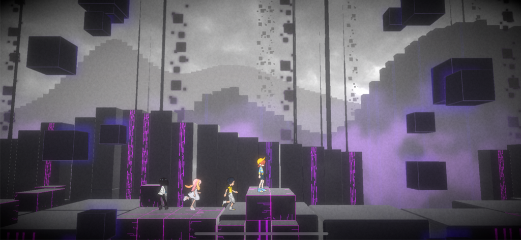World's End Club - Characters navigating a dark digital landscape with glowing purple platforms and floating cubes