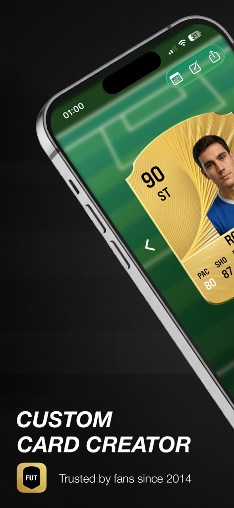 FUT Card Creator FC 26 - A gold custom football striker card displayed within the FUT Card Creator app interface.
