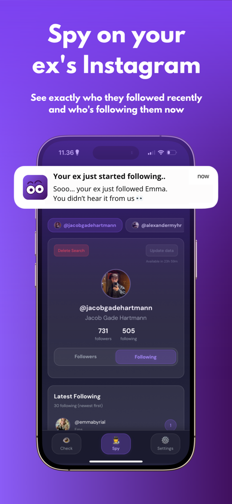 A screenshot of the UnfollowCheck app showing the spy feature which tracks an Instagram account's recent followers and activity anonymously.