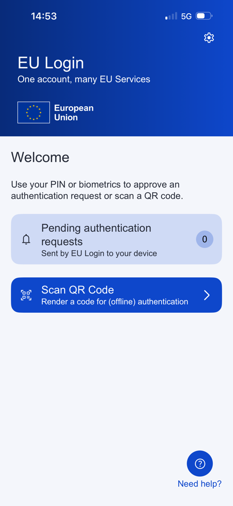 La dashboard principale dell'app EU Login con le richieste di autenticazione in sospeso e un pulsante per lo scanner di codici QR.