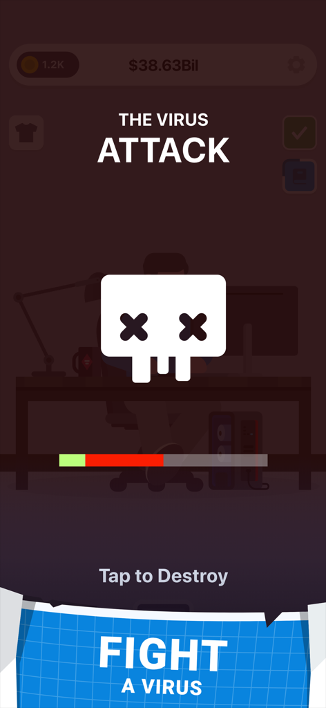 Cyber Dude: Dev Tycoon - Cyber Dude Dev Tycoon game screenshot showing a virus attack event with a skull icon and tap to destroy prompt