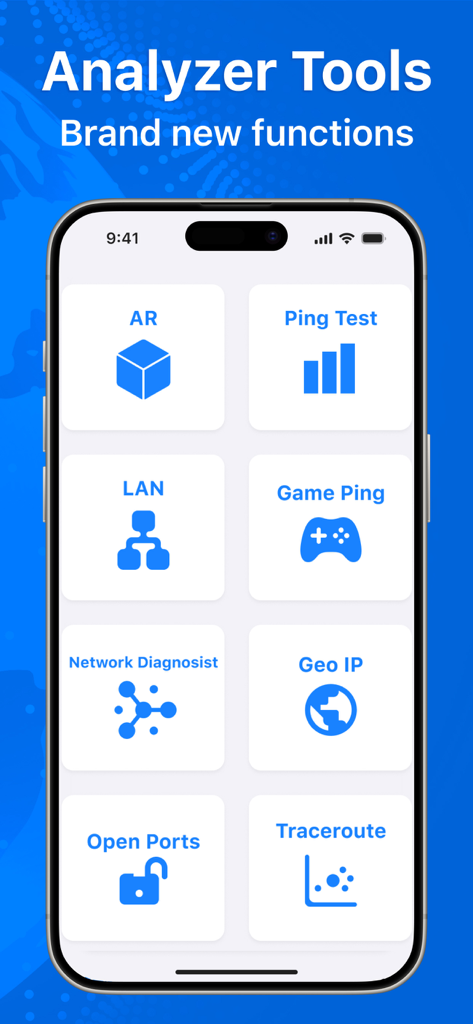 WIFI analyzer. Network scanner - Interfaz de la aplicación Wi-Fi Analyzer que muestra varias herramientas de diagnóstico de red como Prueba de Ping, Escáner LAN y Ping de Juego.