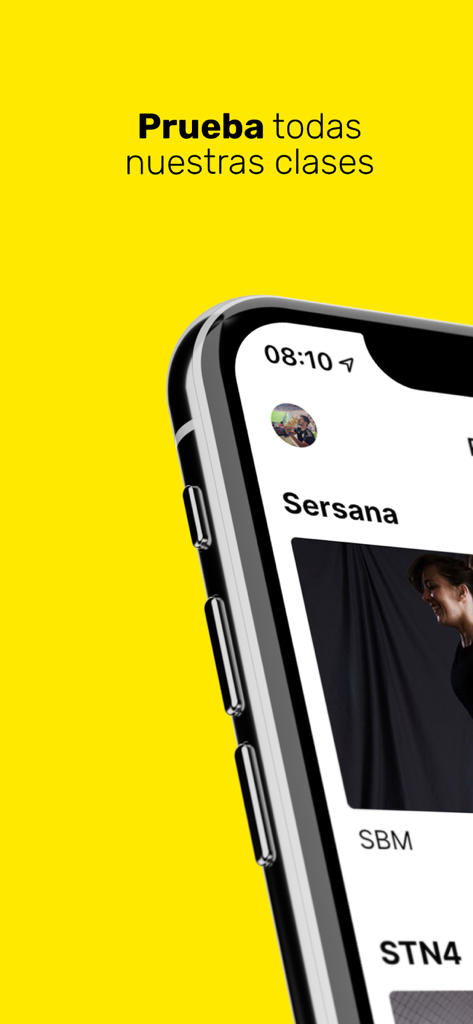 Sersana HOME app interface on an iPhone screen featuring fitness classes with a yellow background